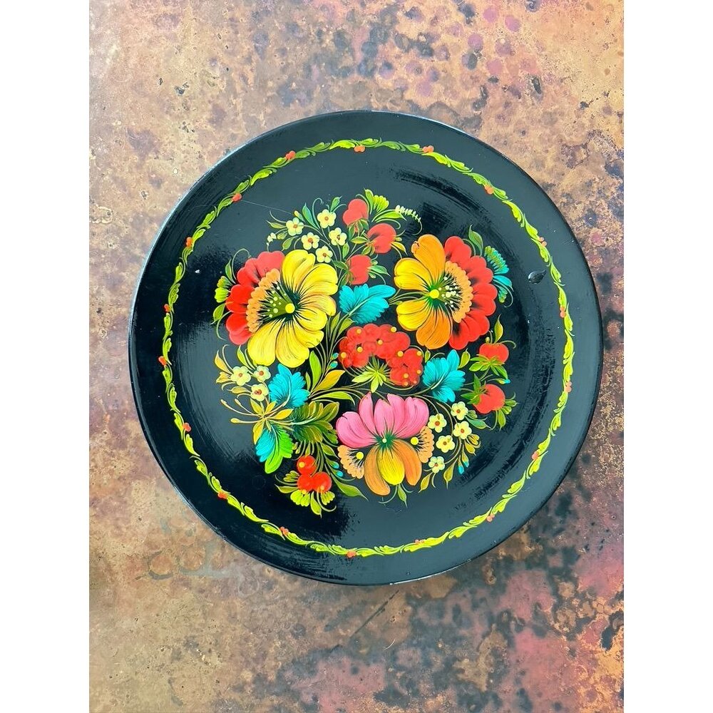 Vtg Ukranian Hand Painted Petrykivka Style Wood Lacquer Plate 12"